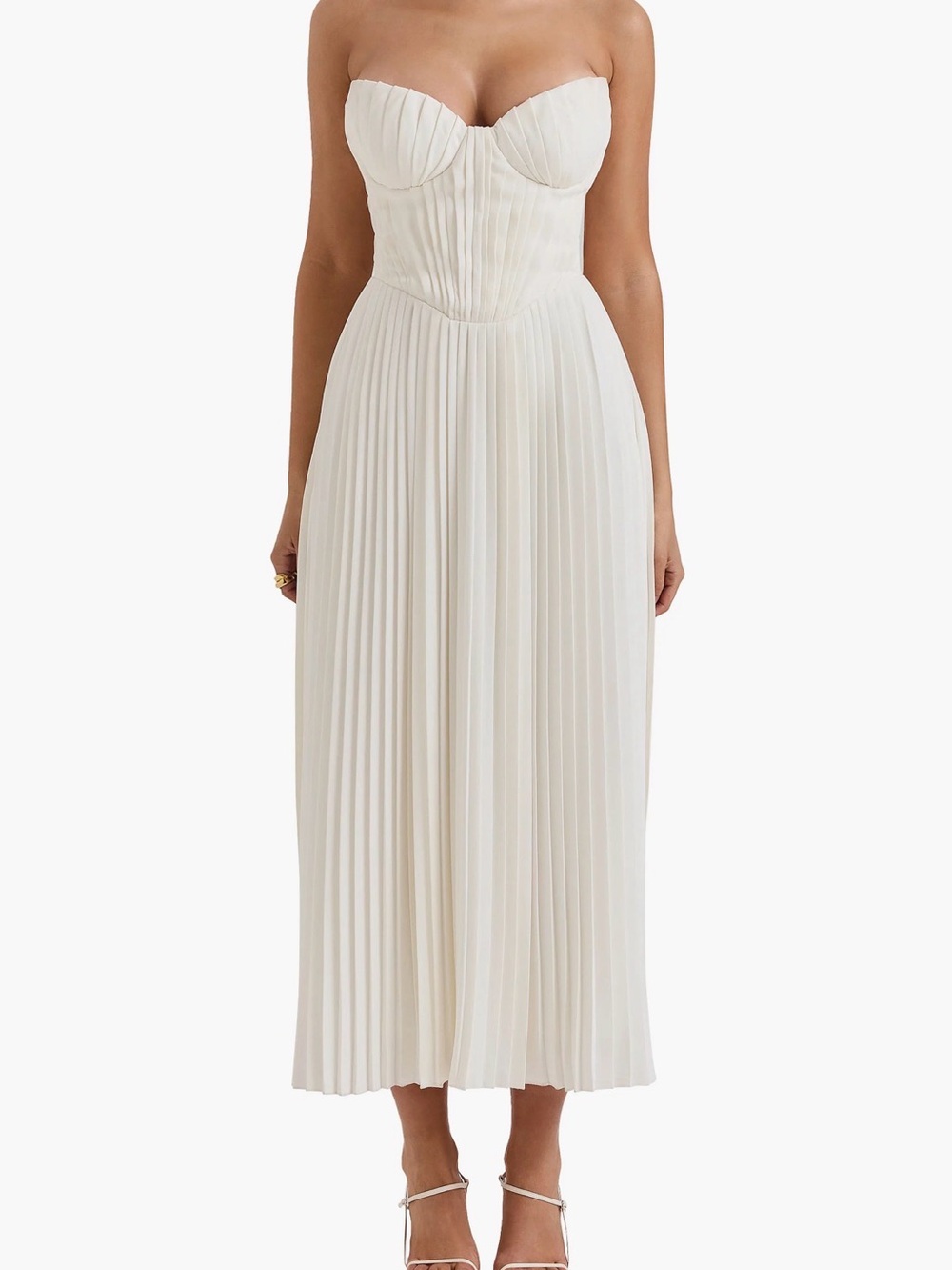 House of CB Strapless Pleated Midi Dress in Cream